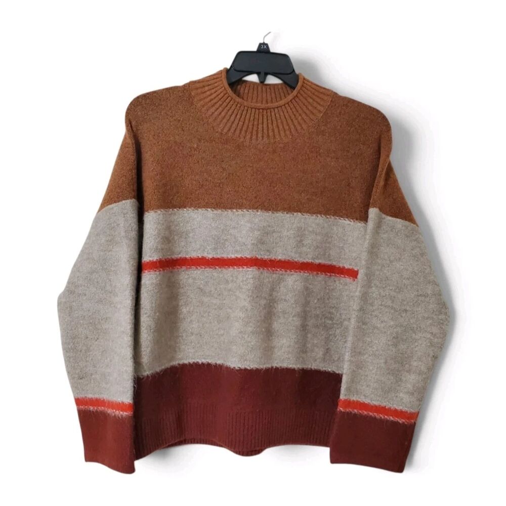 Universal Thread Womens Plus Sz 2XL Mock Neck Striped Knit Pullover Brown